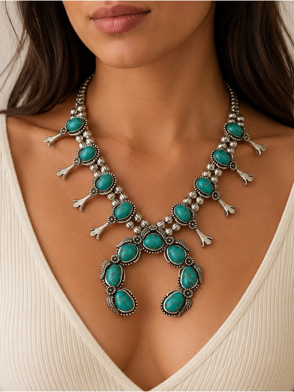 Turquoise Statement Squash Blossom Necklace - Women Jewelry